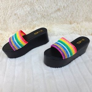 Black 3 inch Platform Sandals W/ Rainbow Strap